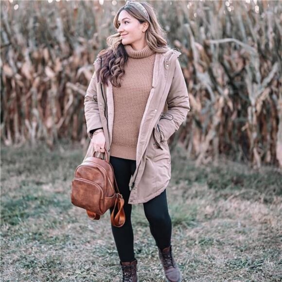 Womens Small Backpack Vegan Leather Camel Brown - Picture 2 of 6